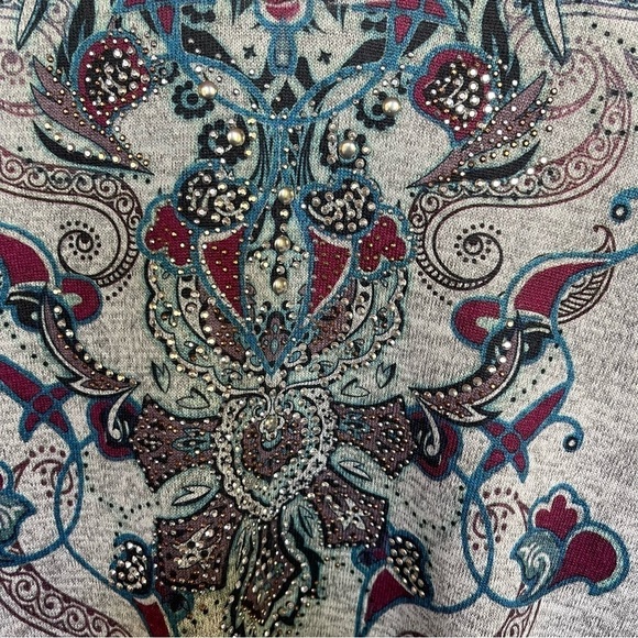 One World Grey Long Sleeve Top Blue Purple Paisley Studs Boho Casual size small - Picture 7 of 15
